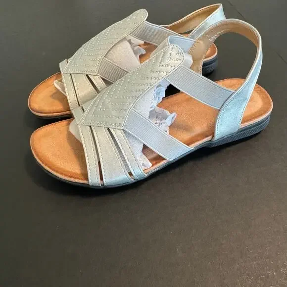 Women's Flat Sandals Elastic Stretch Summer Sandal Comfortable Silver Sz 8 EU 39 - Picture 3 of 3